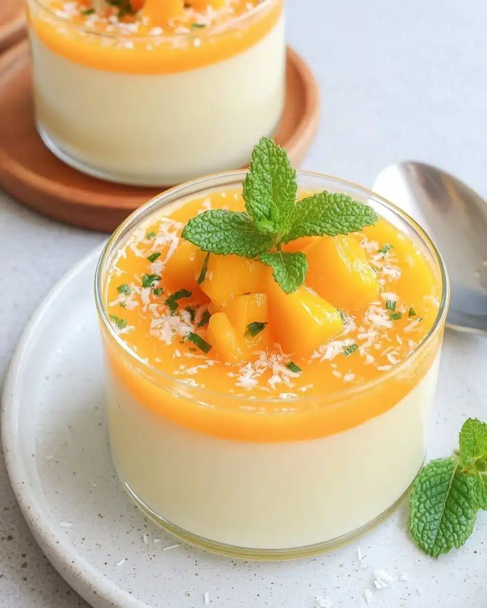 Delicious Mango Panna Cotta dessert topped with fresh mango slices.