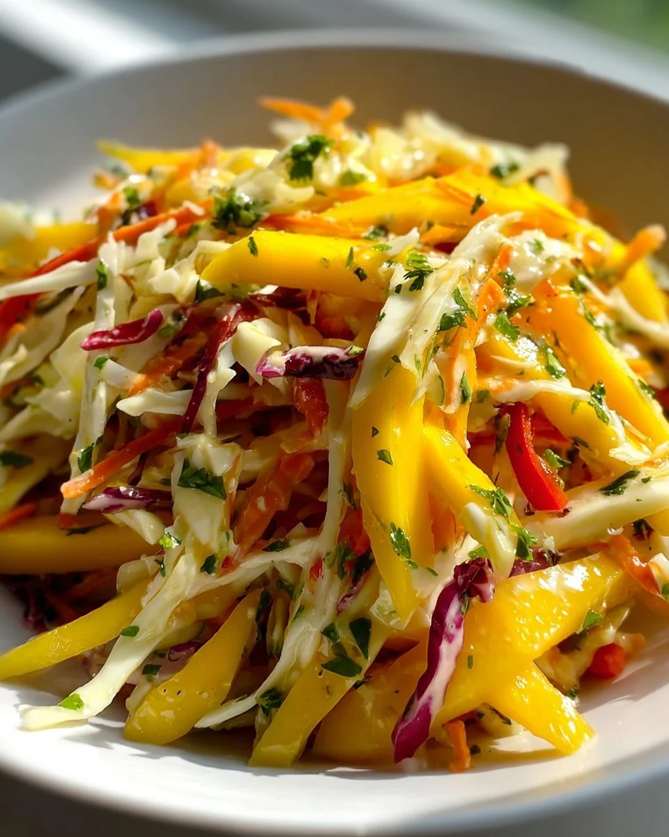 A vibrant bowl of mango slaw with colorful ingredients and dressing