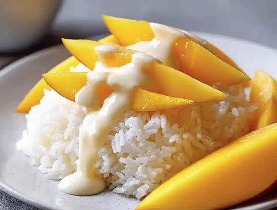 Delicious mango sticky rice served with fresh mango slices and creamy coconut sauce.