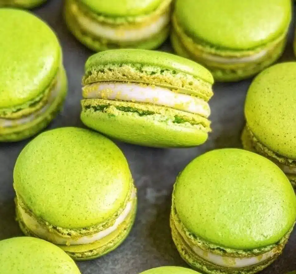 Margarita Macarons with lime zest and tequila flavoring on a decorative plate