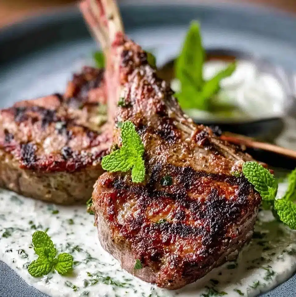 Juicy marinated lamb chops ready for grilling with herbs and spices.