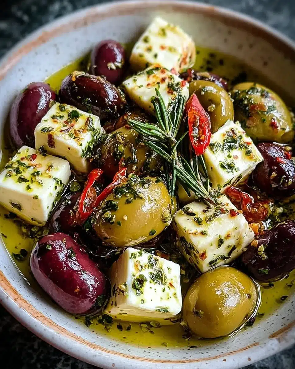 A bowl of marinated olives with feta cheese, garnished with herbs.
