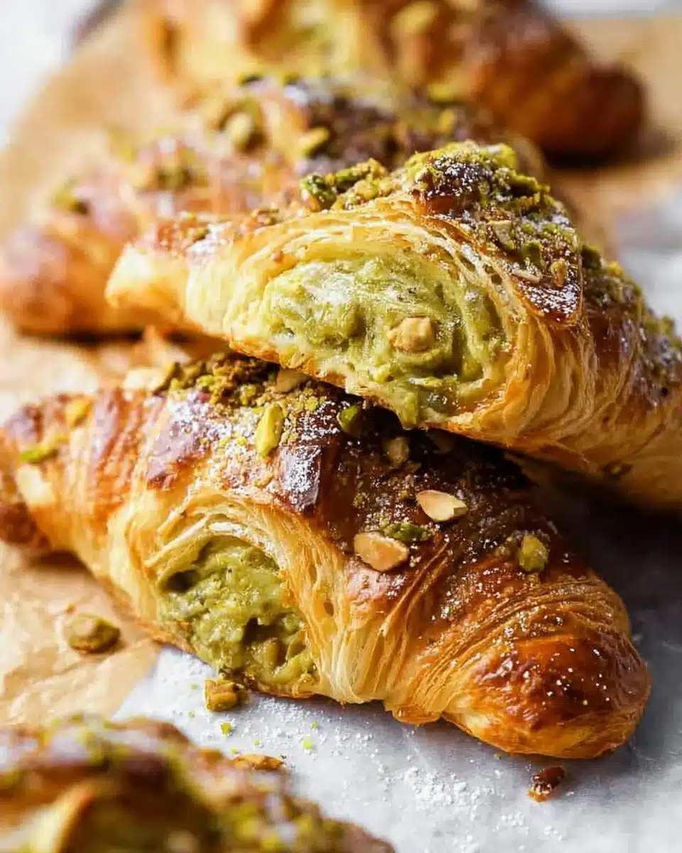 Freshly baked Matcha Almond Croissants with green tea and almond flavor
