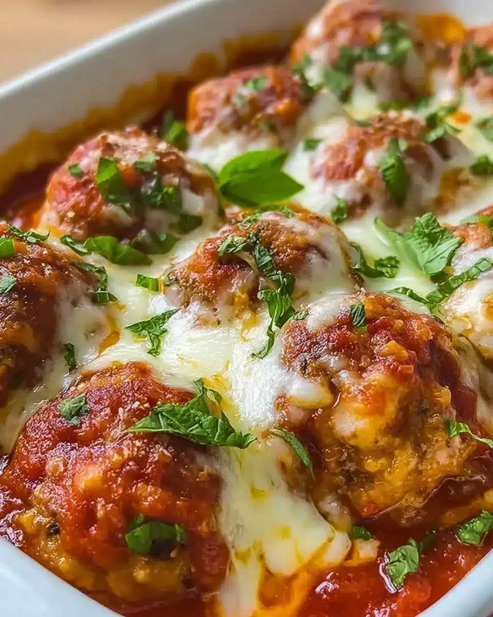 Savory meatballs topped with cheese and marinara sauce served on a plate.