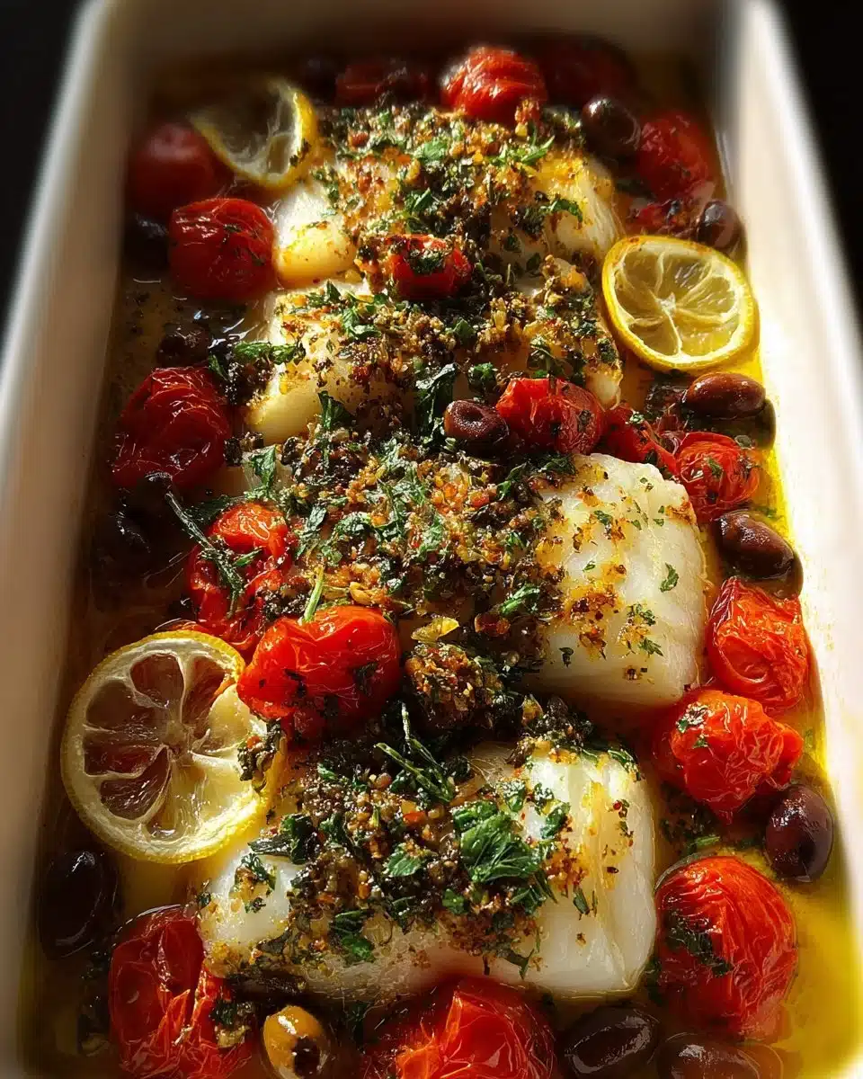 Plate of Mediterranean baked cod garnished with herbs and lemon slices