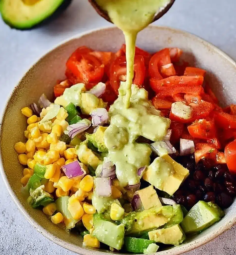 Colorful Mexican avocado salad with tomatoes, onions, and cilantro in a bowl.
