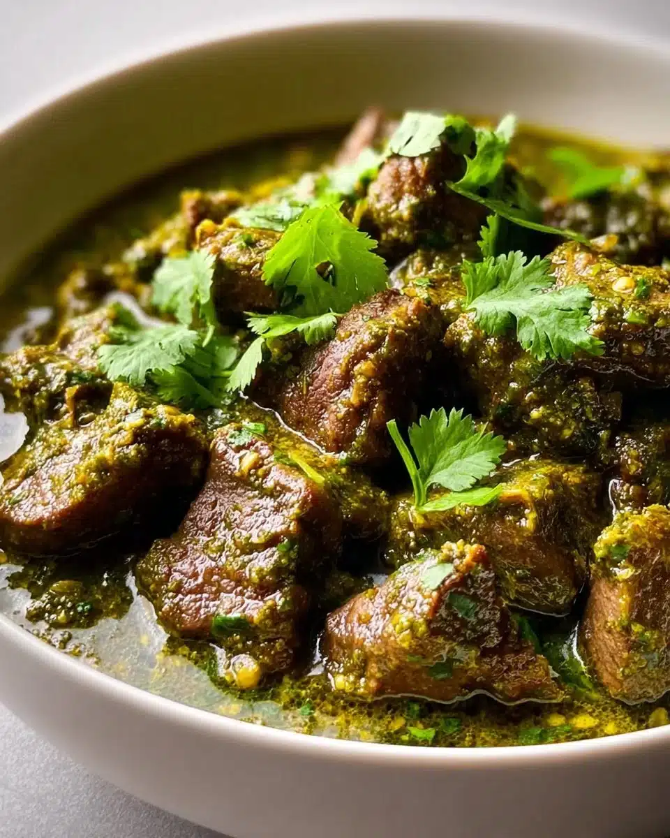 Bowl of savory Mexican Beef Green Chile with green chiles and beef chunks