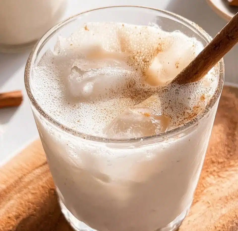 Glass of traditional Mexican Horchata with rice and cinnamon