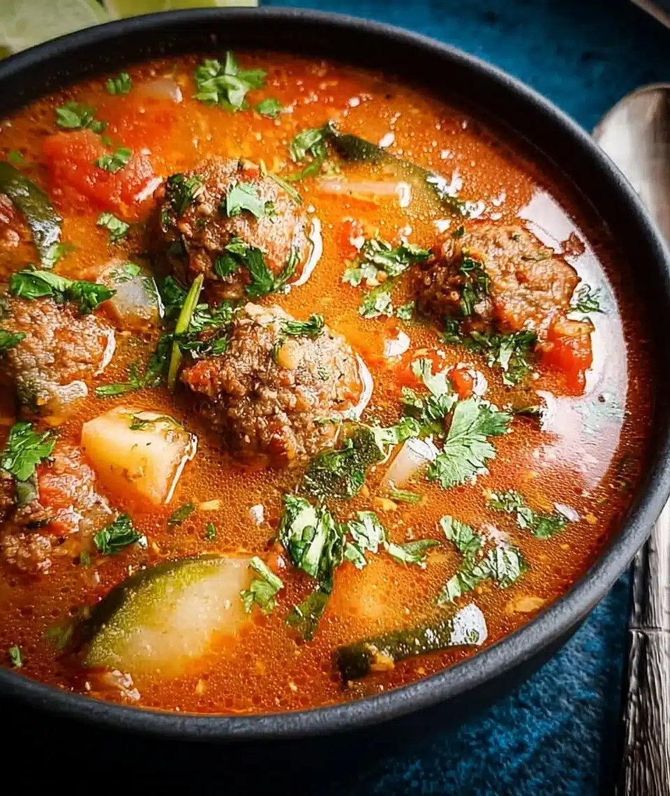 Bowl of Mexican Meatball Soup garnished with cilantro and lime
