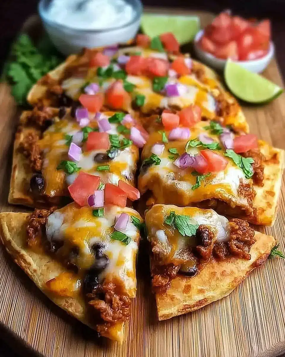 Homemade Mexican Pizza topped with fresh ingredients and spices