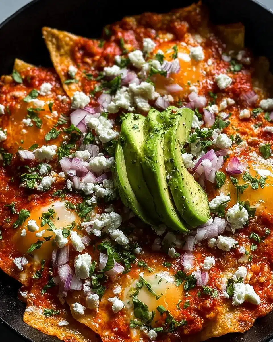 Delicious Mexican Red Chilaquiles topped with fresh ingredients