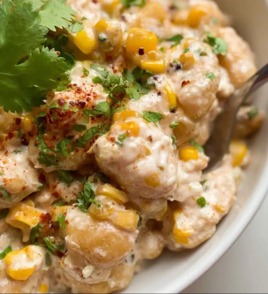 Delicious Mexican street corn gnocchi topped with fresh herbs and cheese