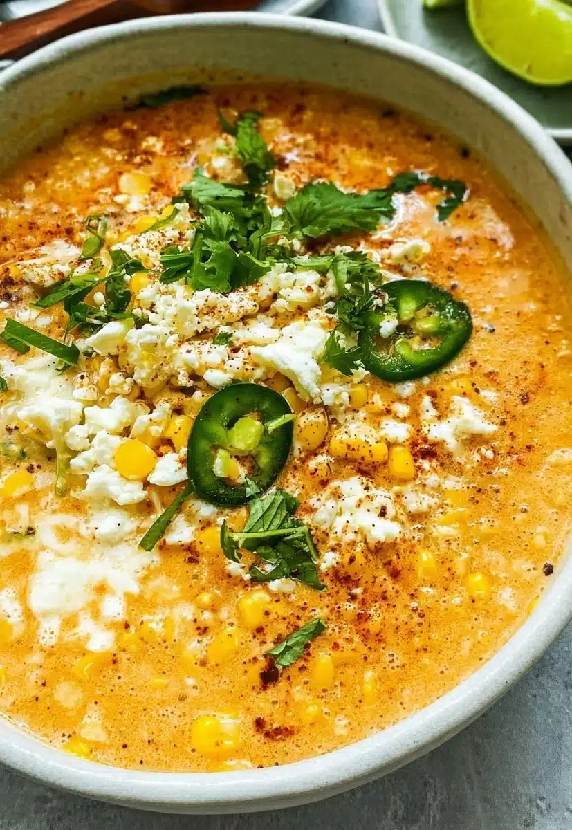 Bowl of Mexican street corn soup garnished with cilantro and lime