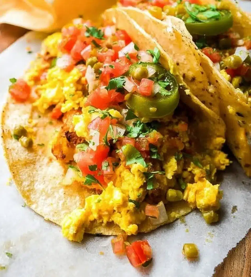 Plate of Migas Breakfast Tacos with eggs, tortilla, and toppings