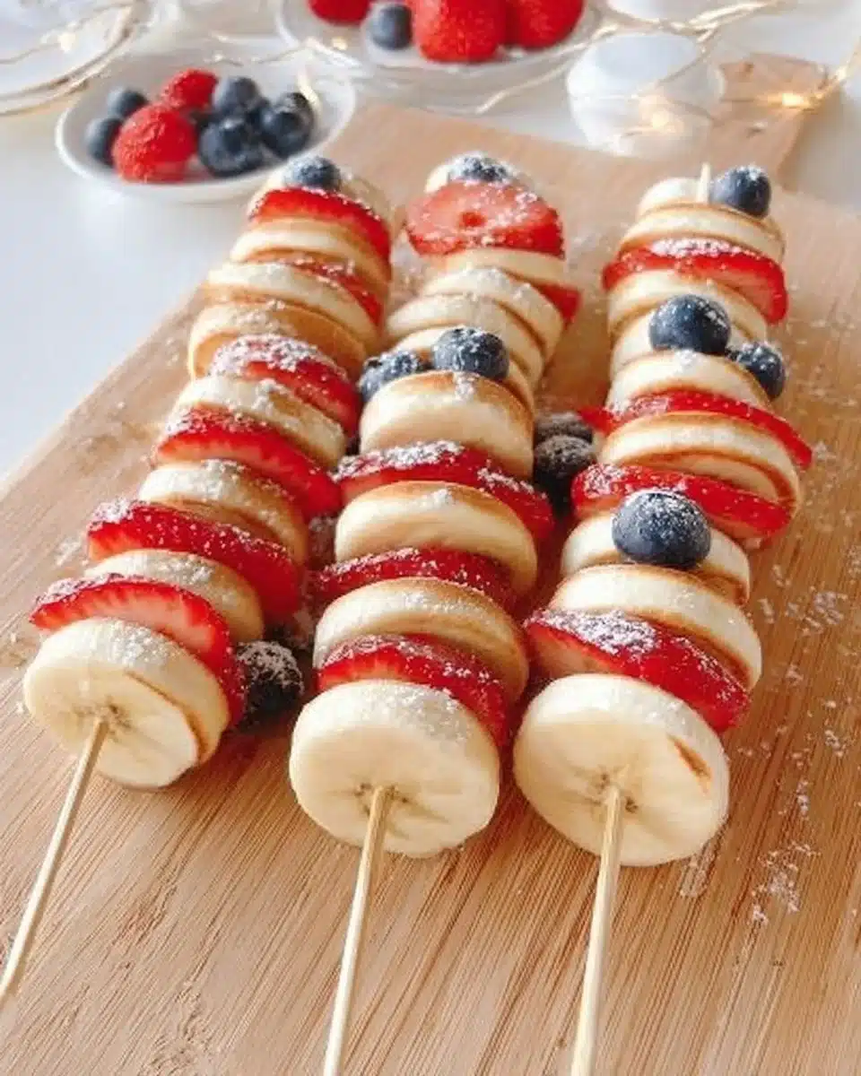 Delicious mini pancake skewers served on a platter with fresh fruit.