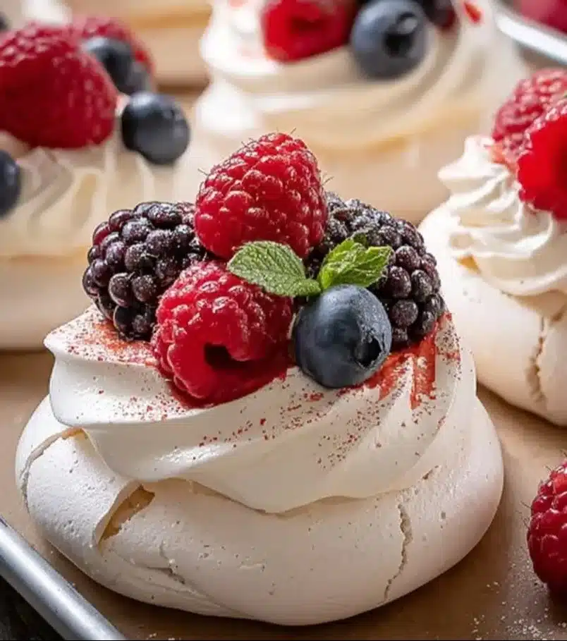 Mini Pavlovas topped with fresh berries, a delightful and light dessert.