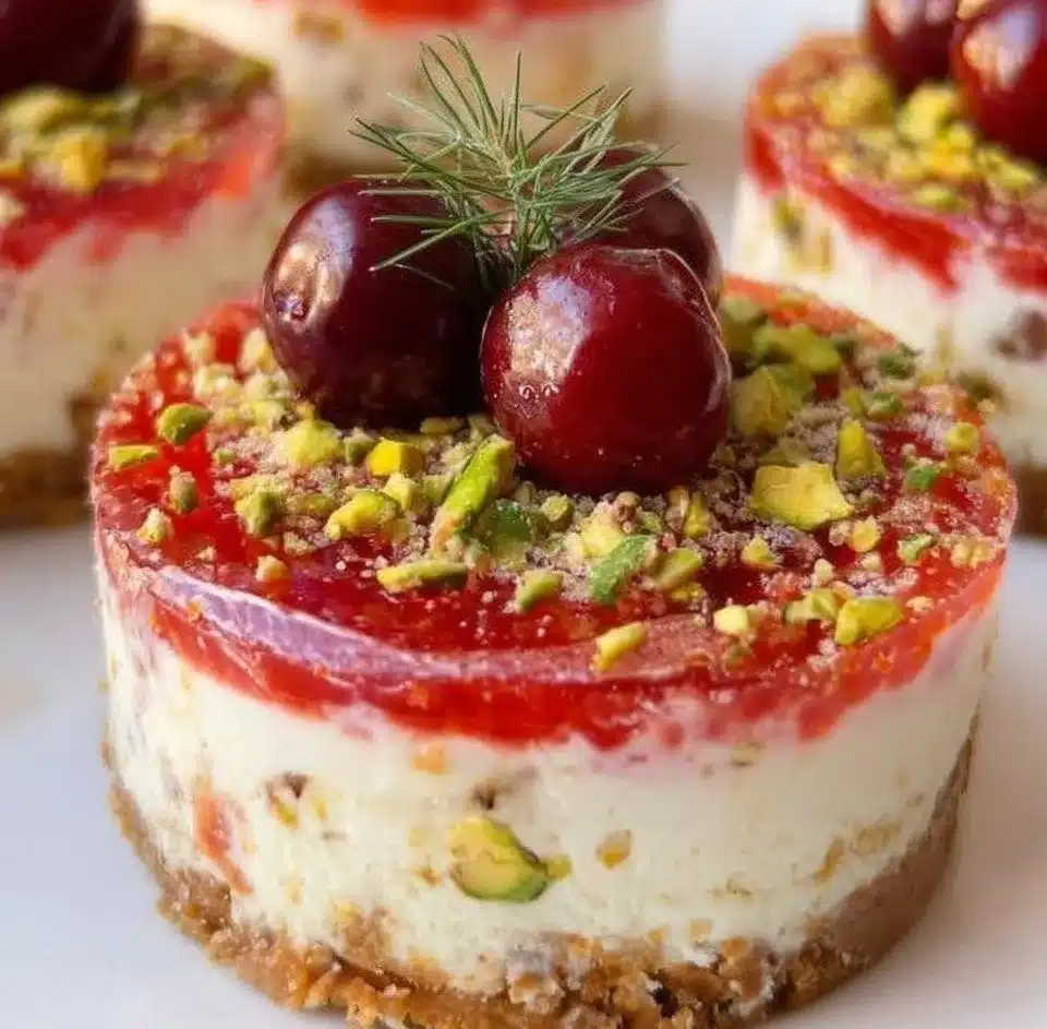 Mini pistachio cranberry cheesecakes on a decorative plate