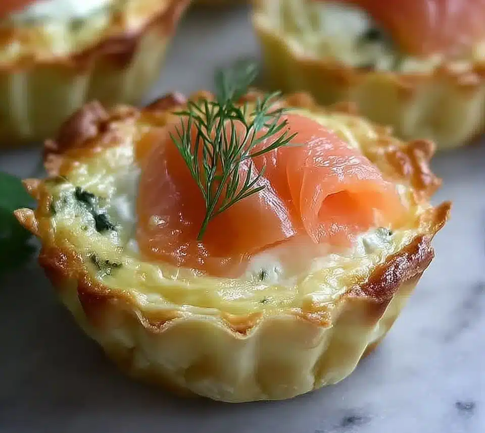 Delicious mini smoked salmon quiches served on a platter.