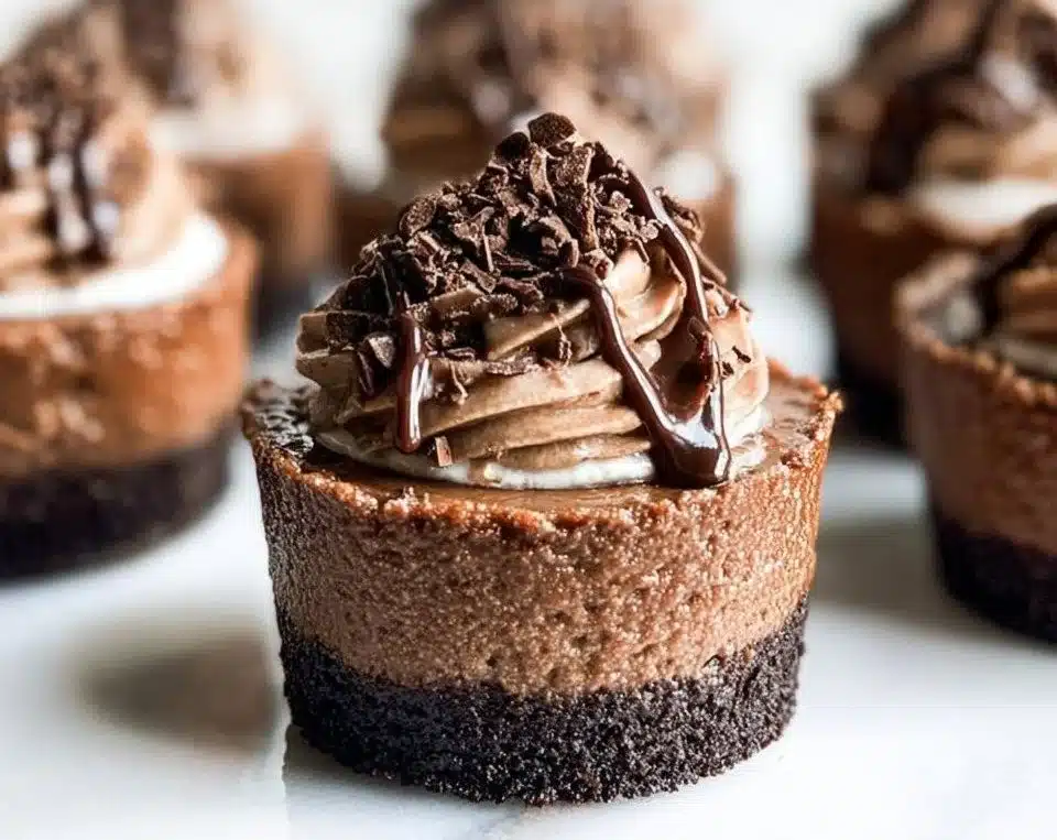 Mini triple chocolate cheesecakes topped with chocolate ganache and decorations.