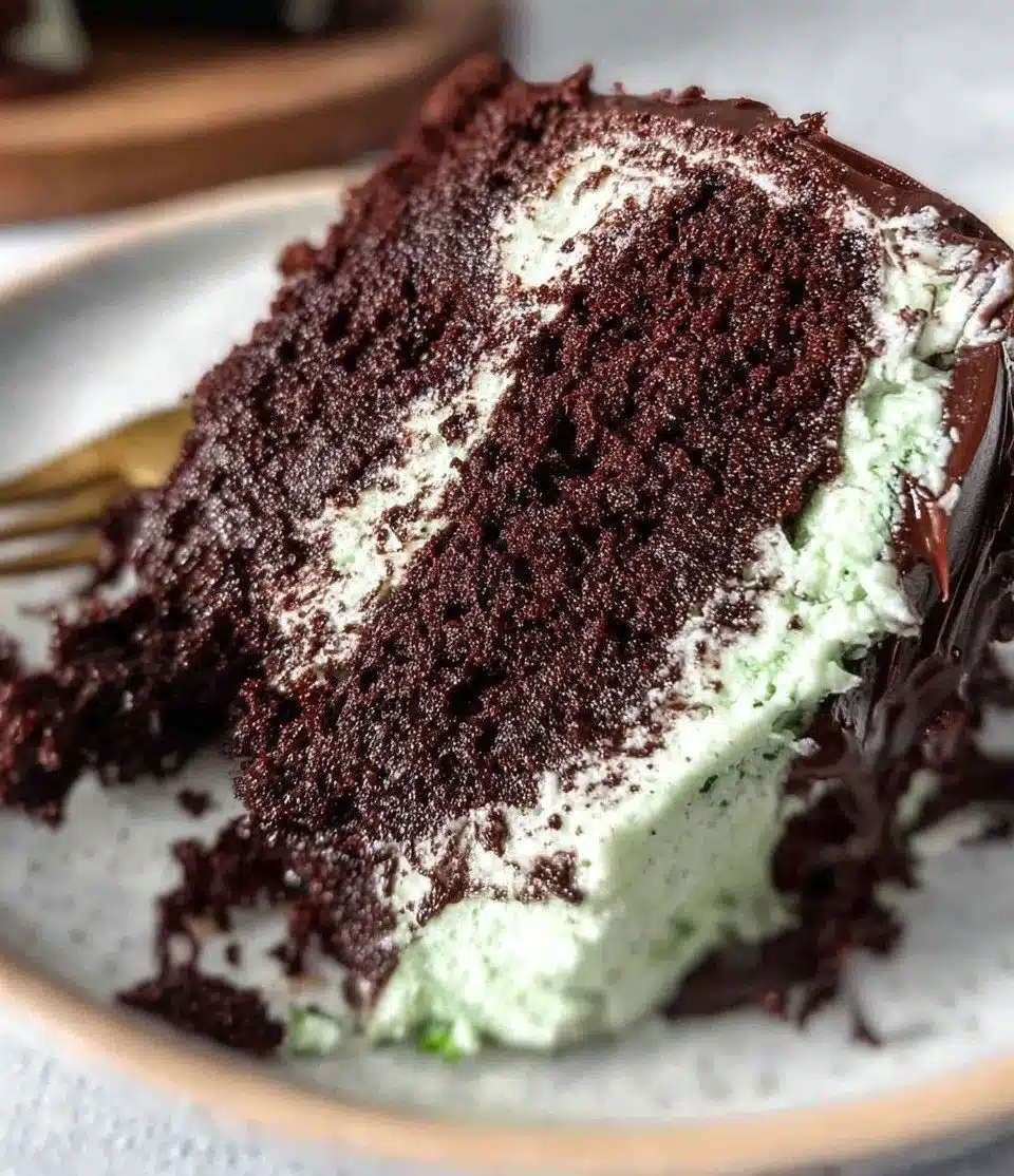 Deliciously layered Mint Chocolate Cake topped with mint frosting and chocolate shavings.
