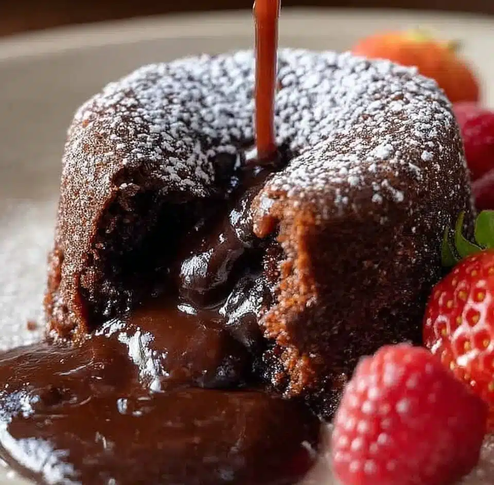 Delicious molten lava cake with a gooey chocolate center, served on a plate.