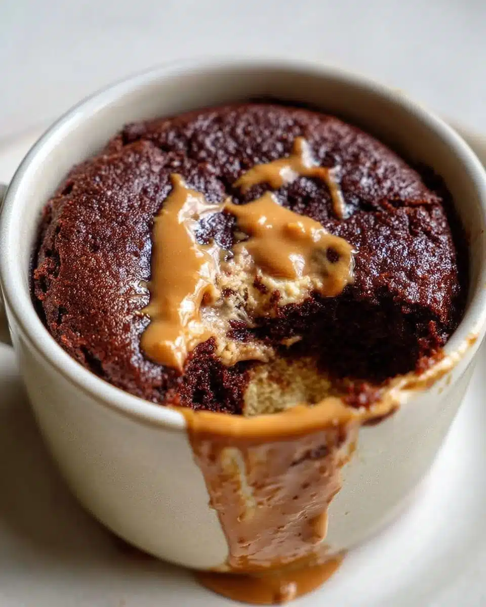 Delicious chocolate mug cake prepared in a ceramic mug