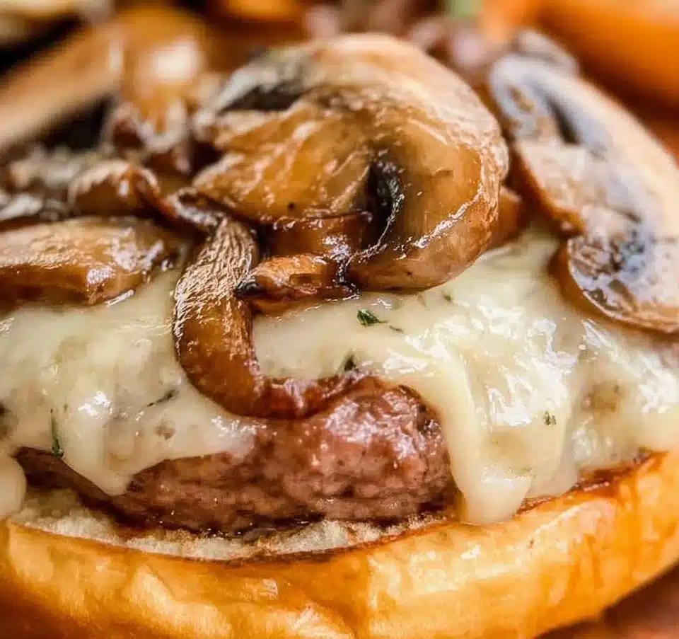 Delicious Mushroom Swiss Burger topped with sautéed mushrooms and melted Swiss cheese