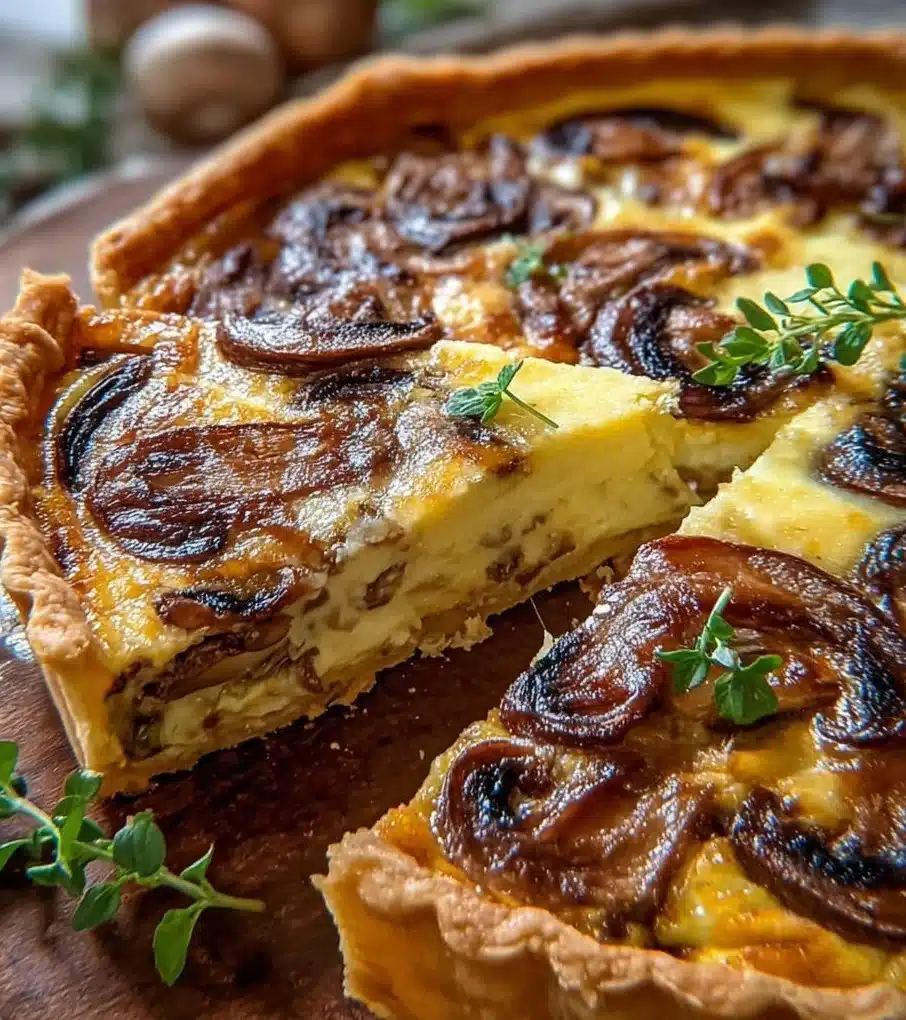 Slice of Mushroom Swiss Quiche with mushrooms and cheese on a plate