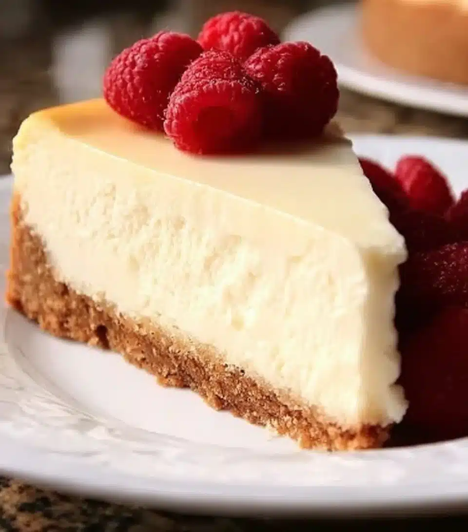 Slice of rich New York cheesecake topped with fresh strawberries and whipped cream