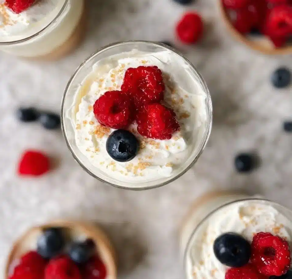 Delicious no-bake cheesecake cups topped with fresh fruit
