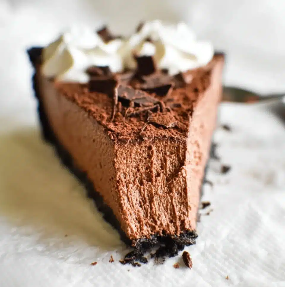 Delicious no-bake chocolate mousse pie topped with whipped cream and chocolate shavings