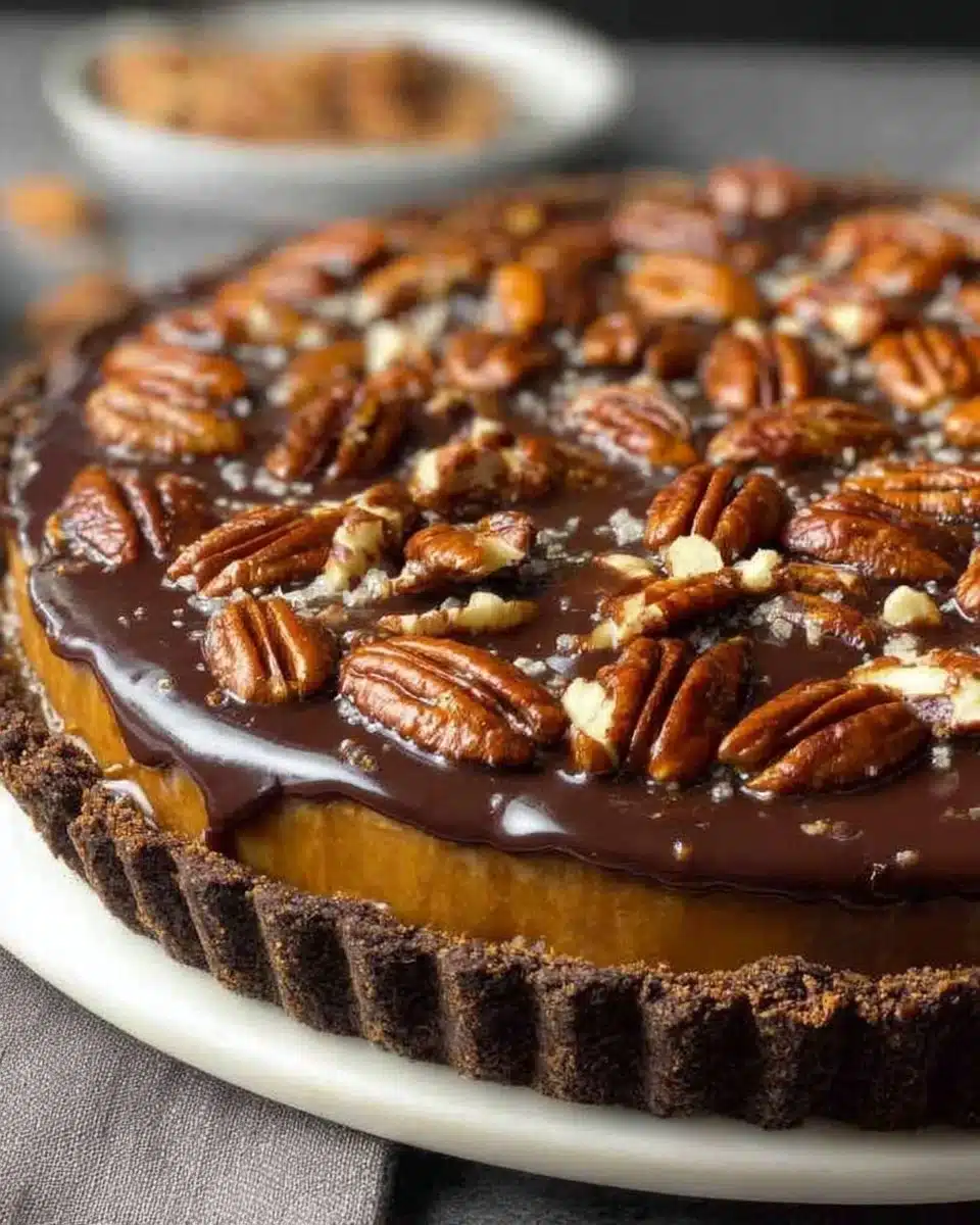 No-Bake Turtle Pie topped with chocolate, caramel, and pecans