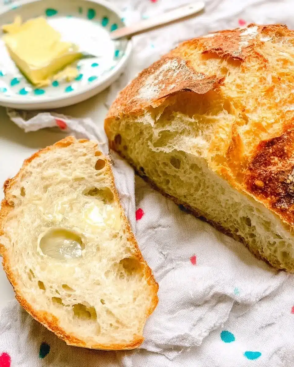 Freshly baked no-knead overnight bread with a crusty exterior and soft interior