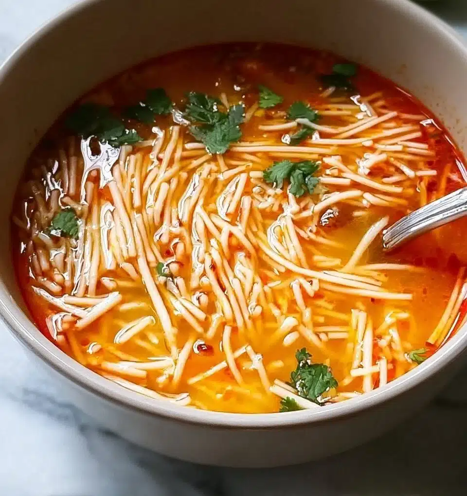 Bowl of delicious noodle soup with fresh herbs and vegetables