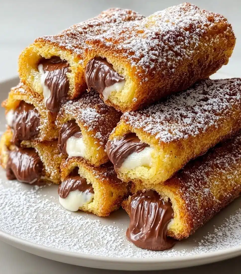 Delicious Nutella stuffed French toast roll-ups served on a plate