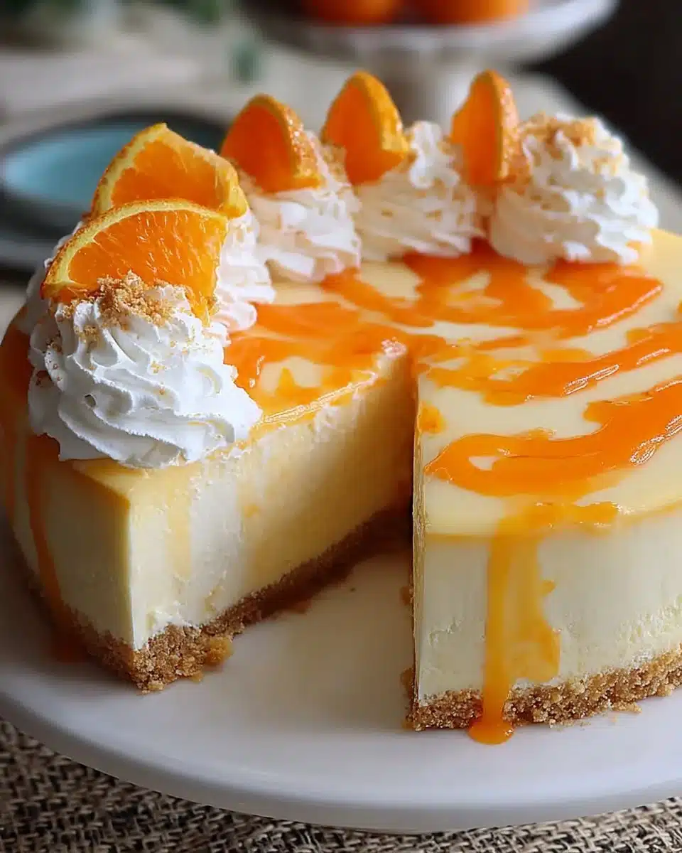 Delicious orange creamsicle cheesecake topped with citrus swirls and a graham cracker crust.
