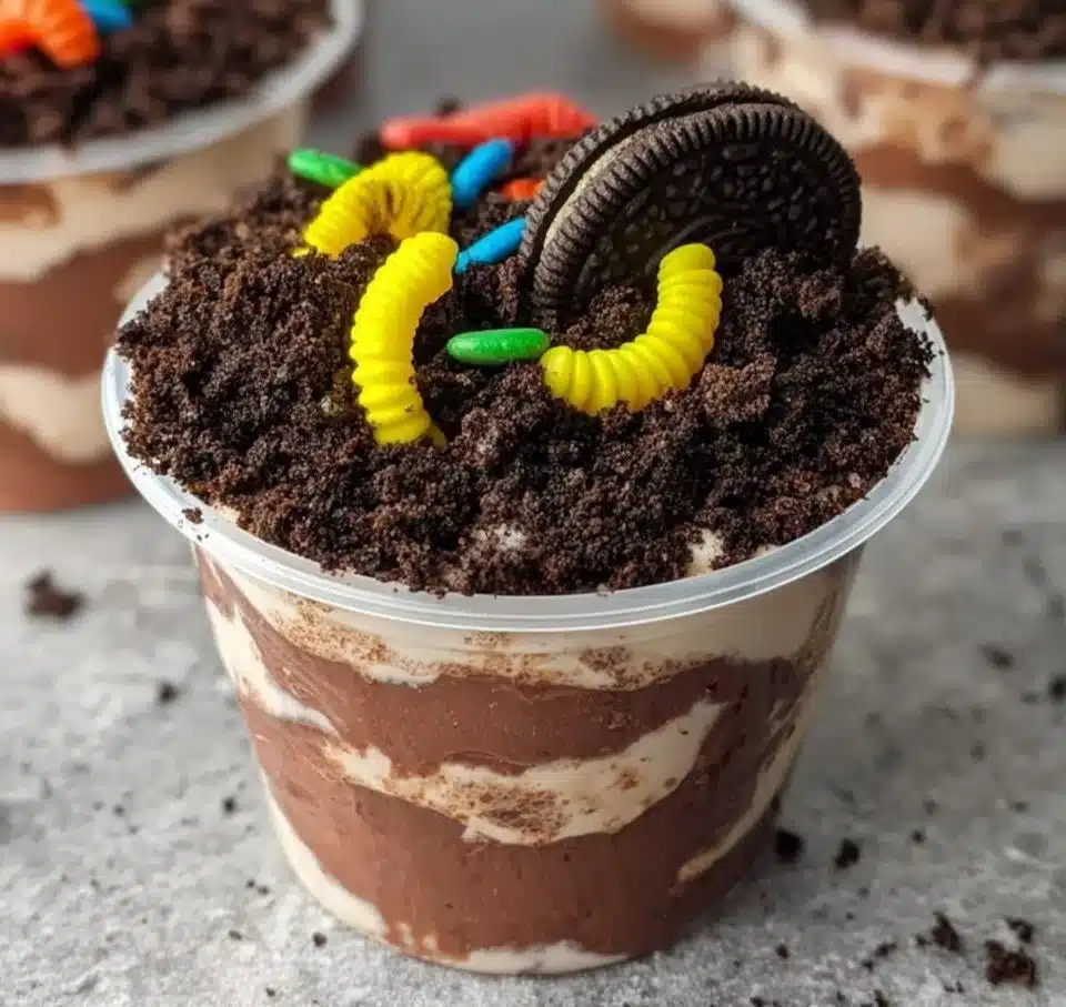 Delicious Oreo Cookie Dirt Cup Pudding served in a cup with crushed Oreos on top