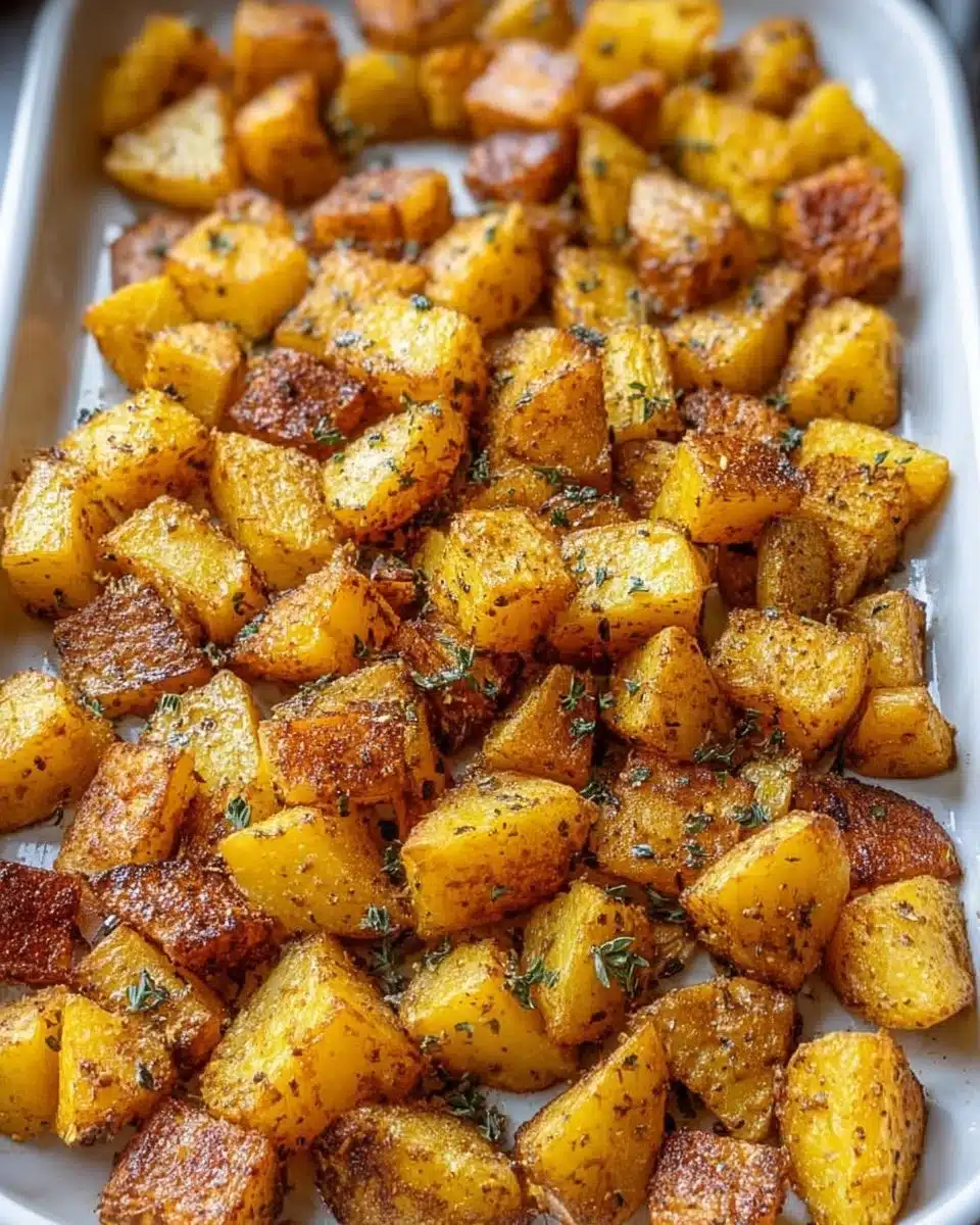 Oven-roasted breakfast potatoes served on a plate with herbs