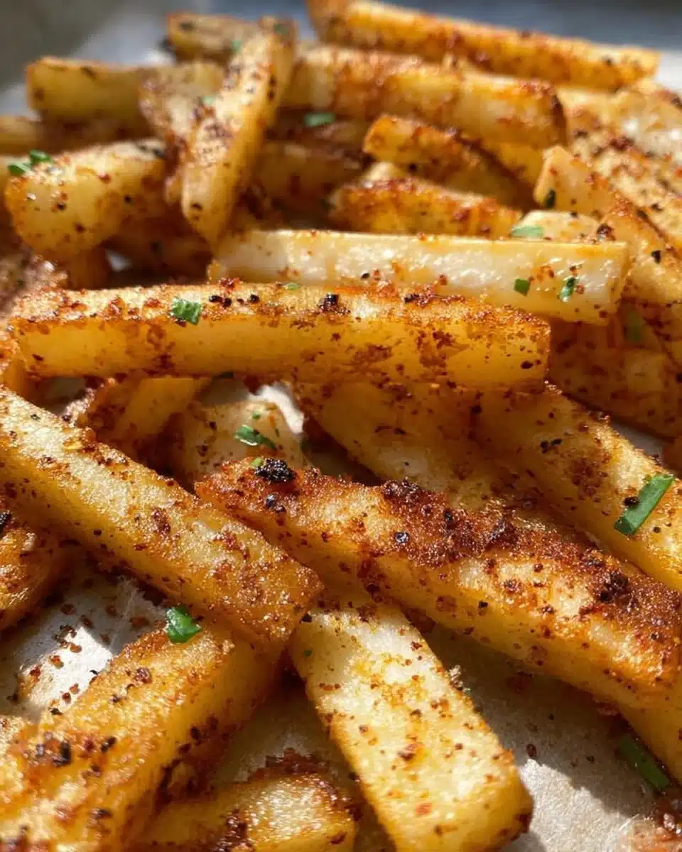 Bowl of oven roasted jicama fries topped with spices.
