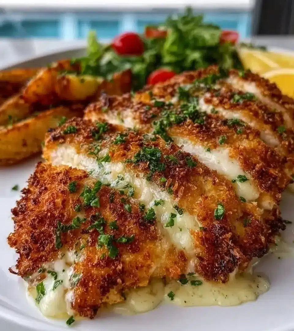 Parmesan Crusted Chicken plated with herbs and veggies for a delicious meal