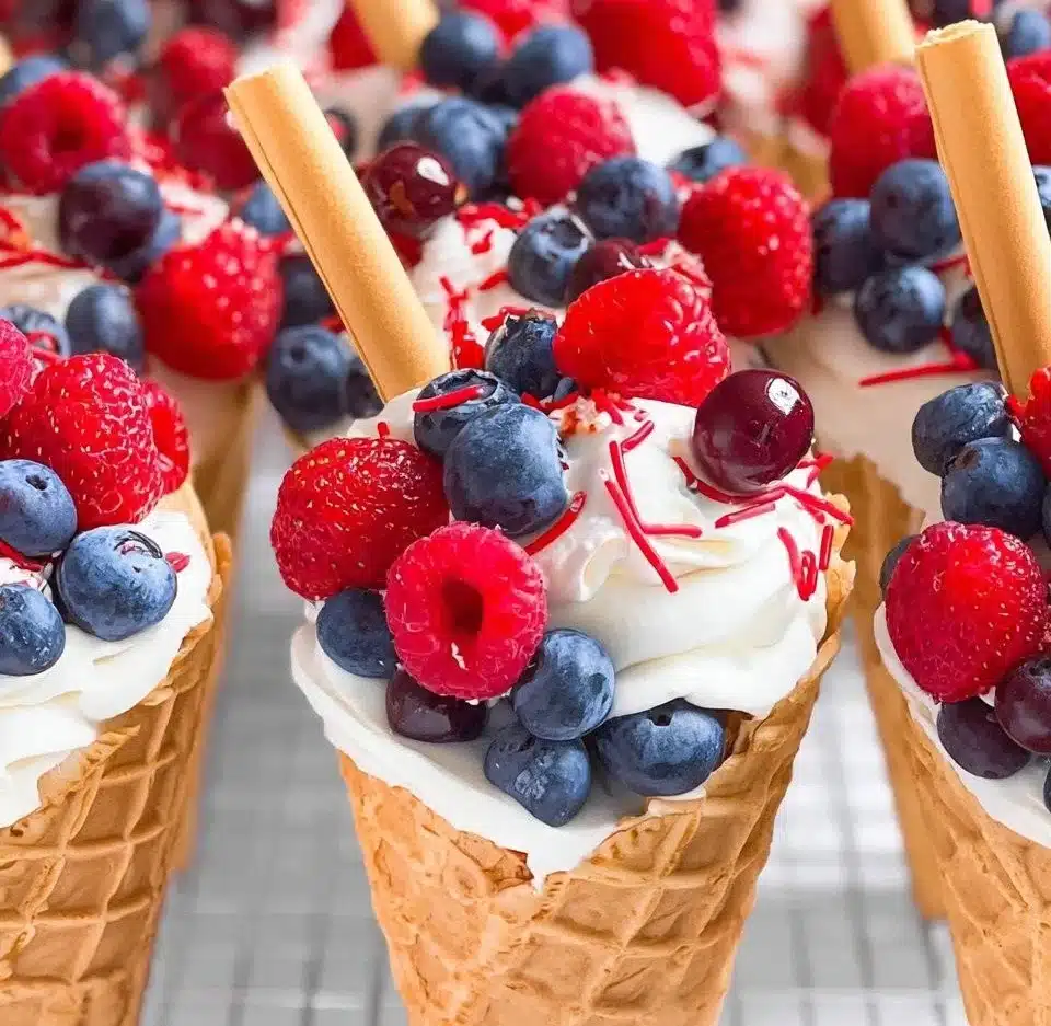 Patriotic fruit cones filled with fresh berries and star-shaped fruit slices