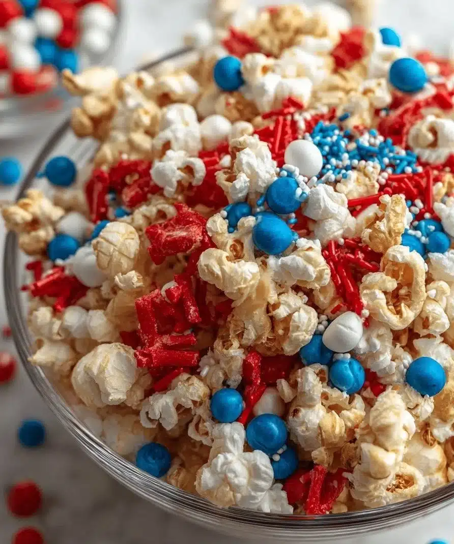 Colorful patriotic popcorn mix with red, white, and blue candies.