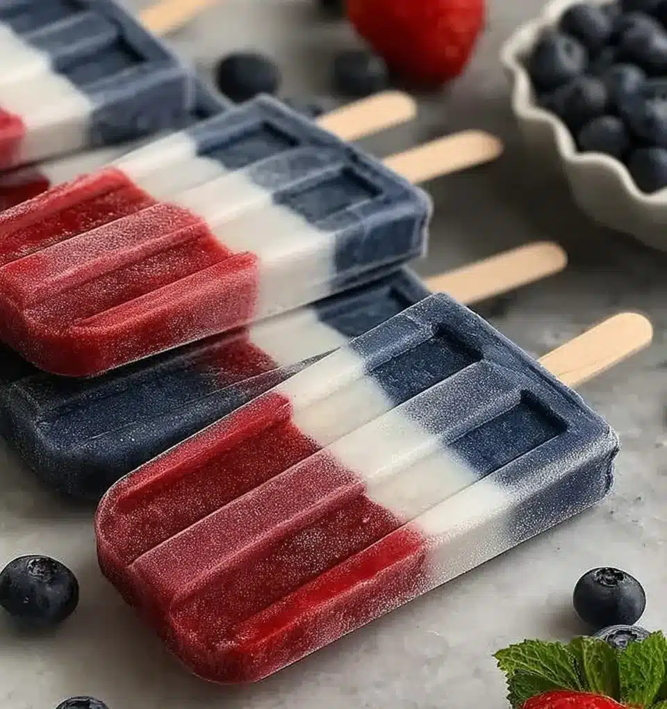 Patriotic red, white, and blue popsicles for a festive summer treat