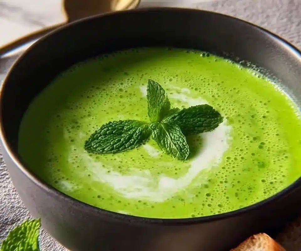 Delicious bowl of pea and mint soup garnished with fresh mint leaves