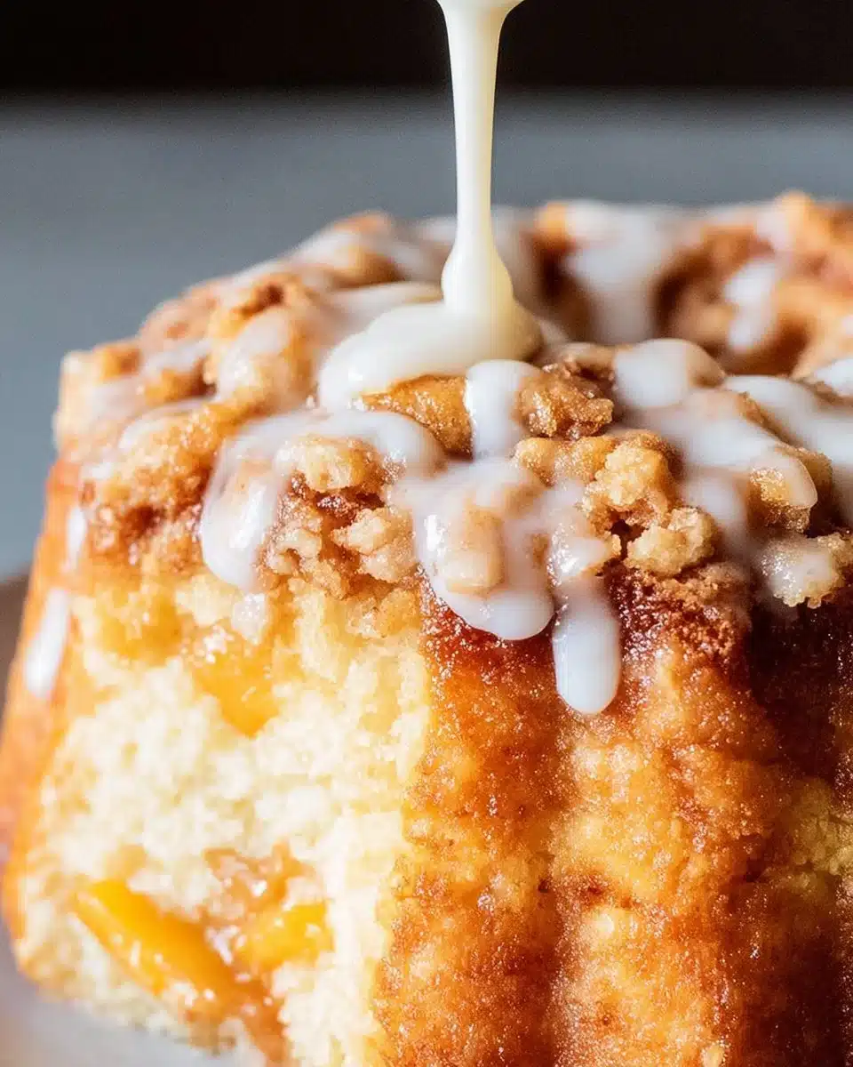 Slice of Peach Cobbler Pound Cake topped with fresh peaches and whipped cream