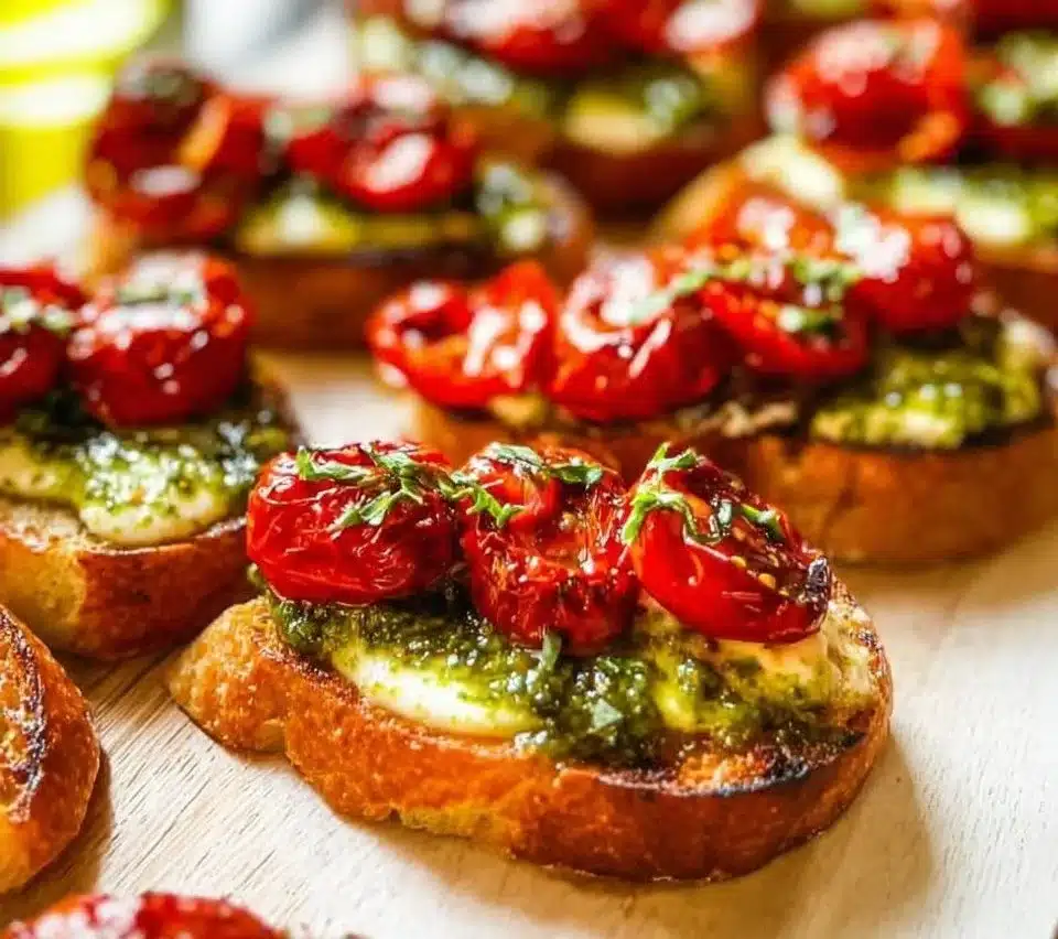 Delicious Pesto Crostini topped with fresh basil and cheese on toasted bread