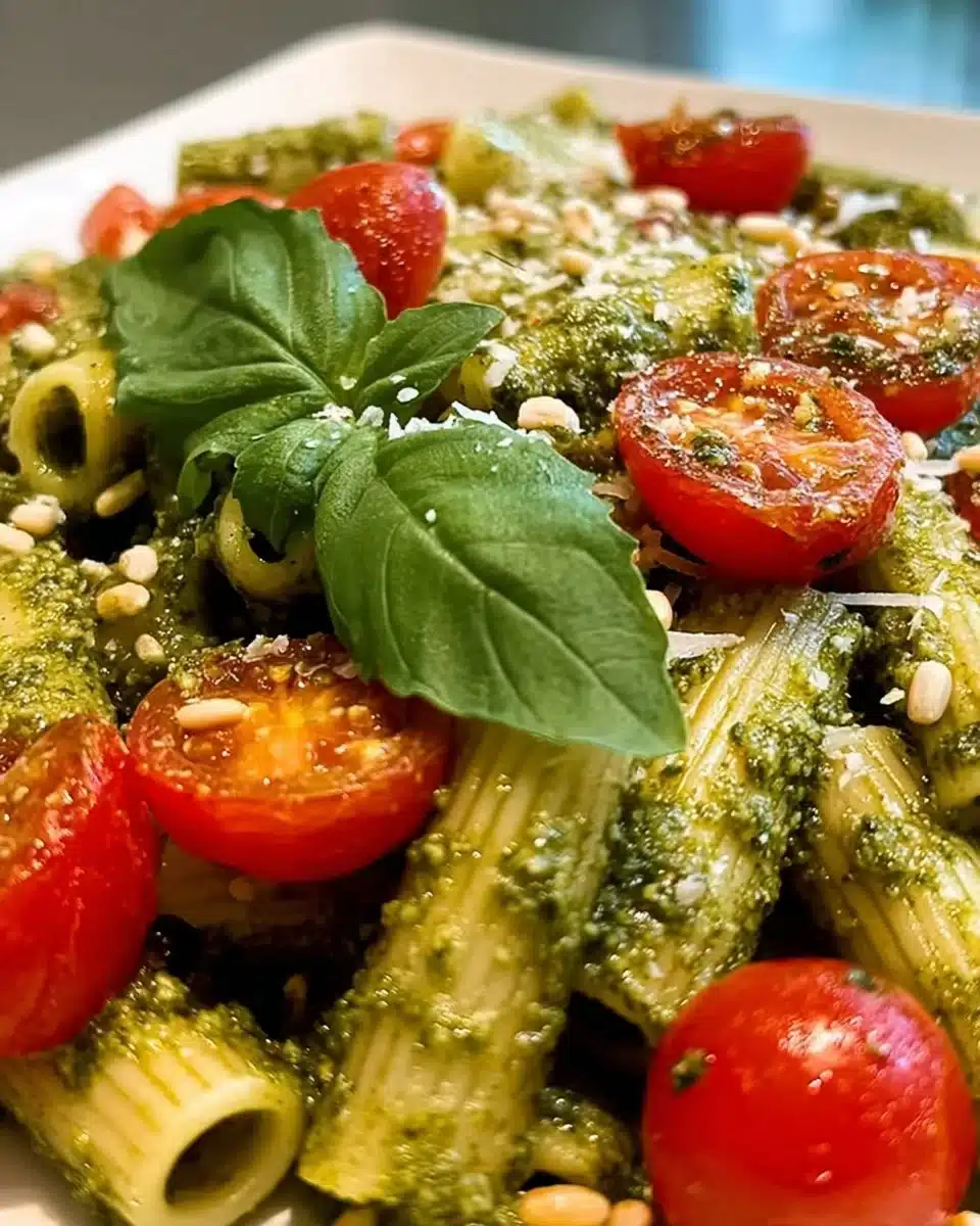 Bowl of pesto pasta with cherry tomatoes and basil