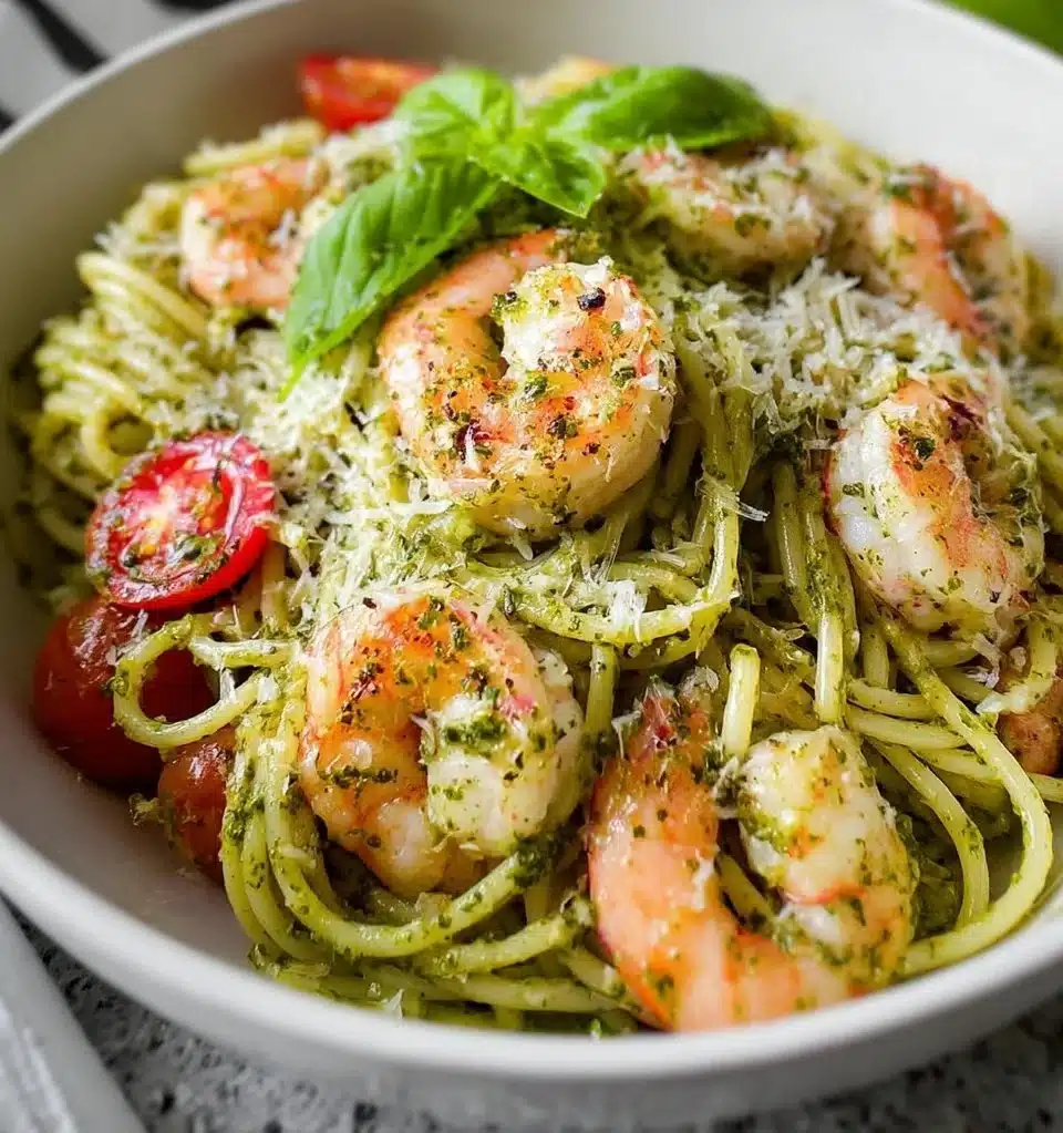 A delicious plate of pesto shrimp pasta garnished with fresh basil and cherry tomatoes