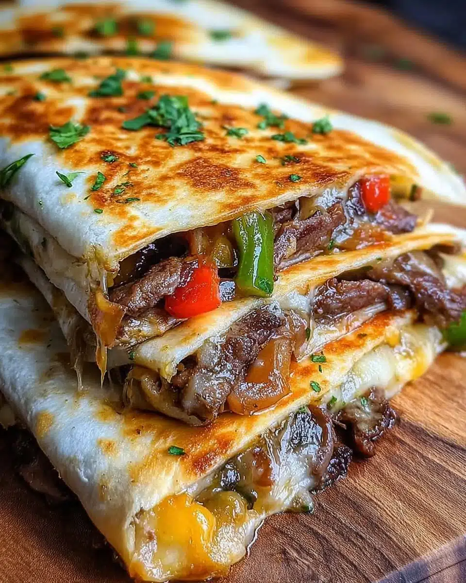 Philly cheesesteak quesadilla served on a plate with melted cheese and toppings