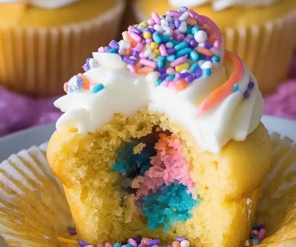 Colorful pinata cupcakes bursting with candy and festive decorations